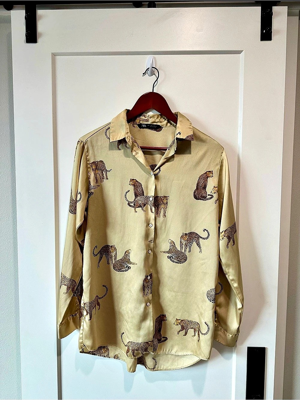 Zara Leopard Print Satin Button Up Blouse Champagne Beige Medium